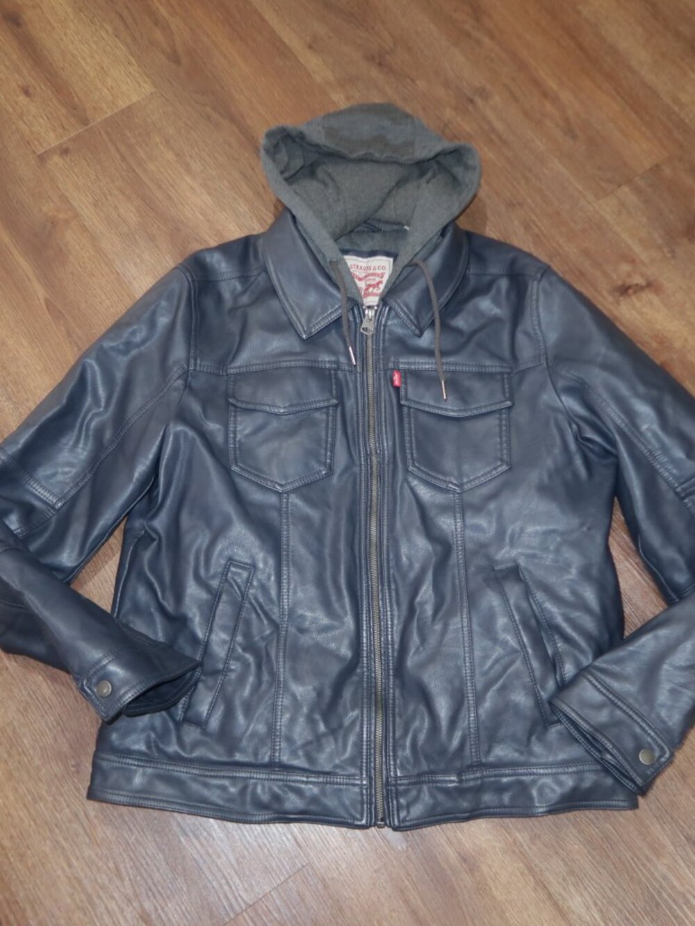 Mens Levi's Navy Blue Faux Leather Gray Layered Hooded Jacket Coat size Medium M